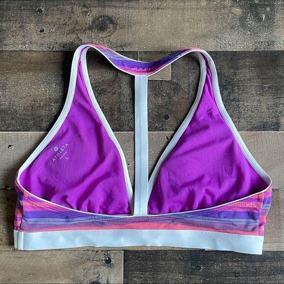 Athleta Women’s T Back Pink, Purple, & White Striped Swim Bikini Top Size Large - Picture 3 of 9